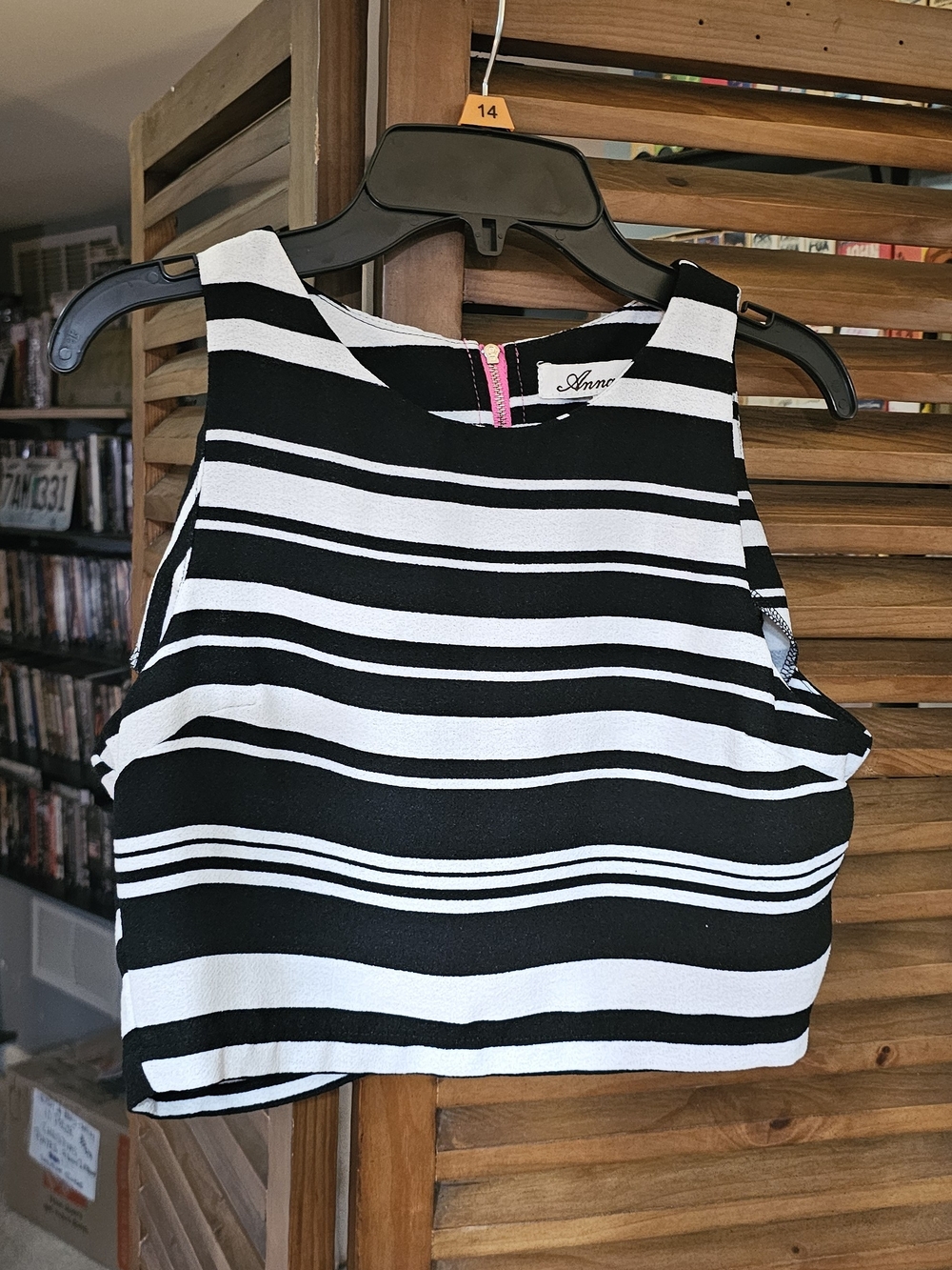 Annabella Black and White Striped Cropped Tank Pink Zip Up